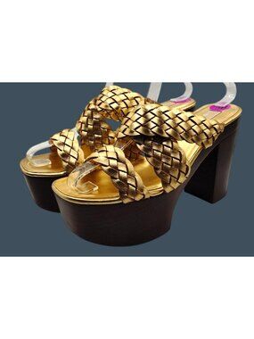 Michael Kors Gold Braided Leather Platform Sandals W/Chunky Wood Heels Size 8.5